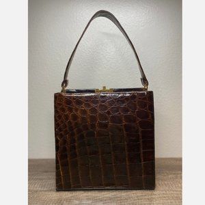 Vintage 1950s Genuine Alligator Crocodile Dark Brown Handbag Rectangular
